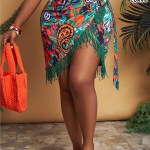 Tropical Print Swim Cover-Up with Fringe